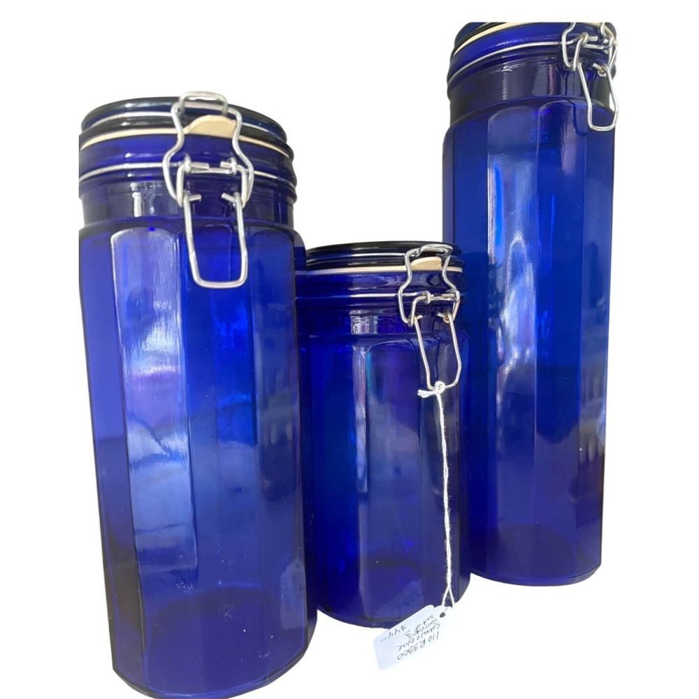 Set of 3‎ Vintage Cobalt Blue Glass Storage Jars Airtight Clip Top Lids - Picture 2 of 2
